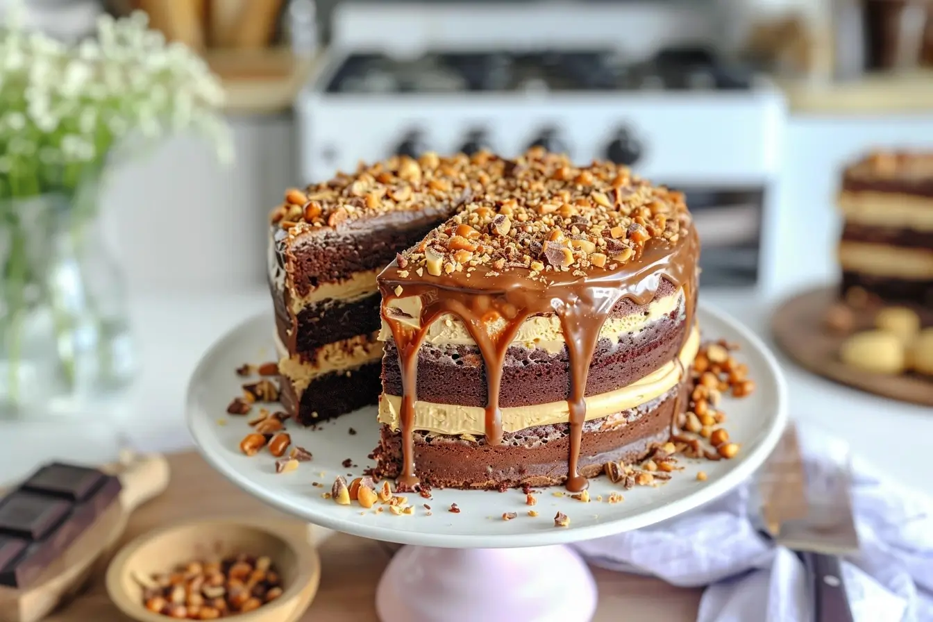 Chocolate Peanut Butter Salted Caramel Toffee Cake